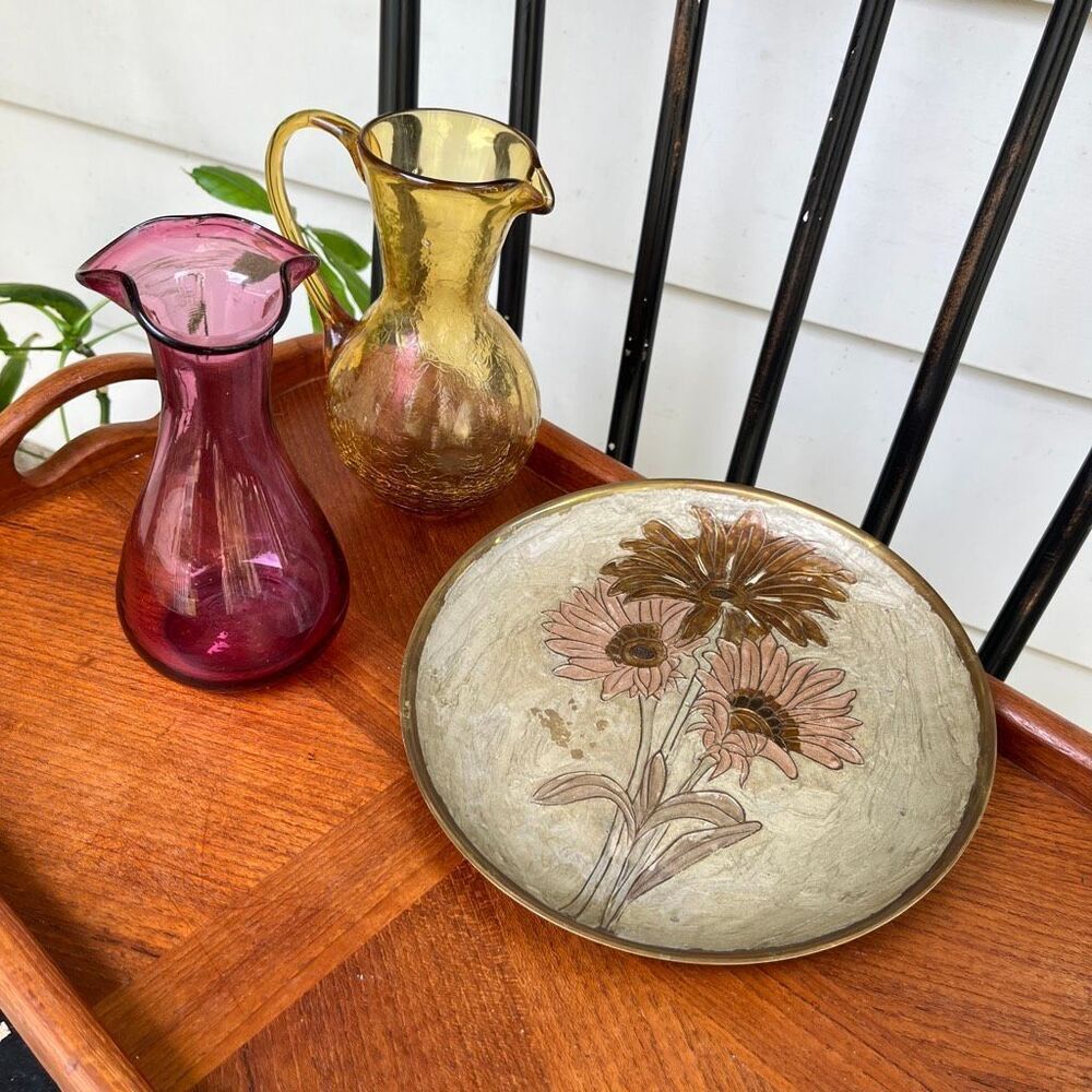 VTG Boho Brass A. Dellaux Plaque Art Glass Vase Pitcher Cottagecore MCM